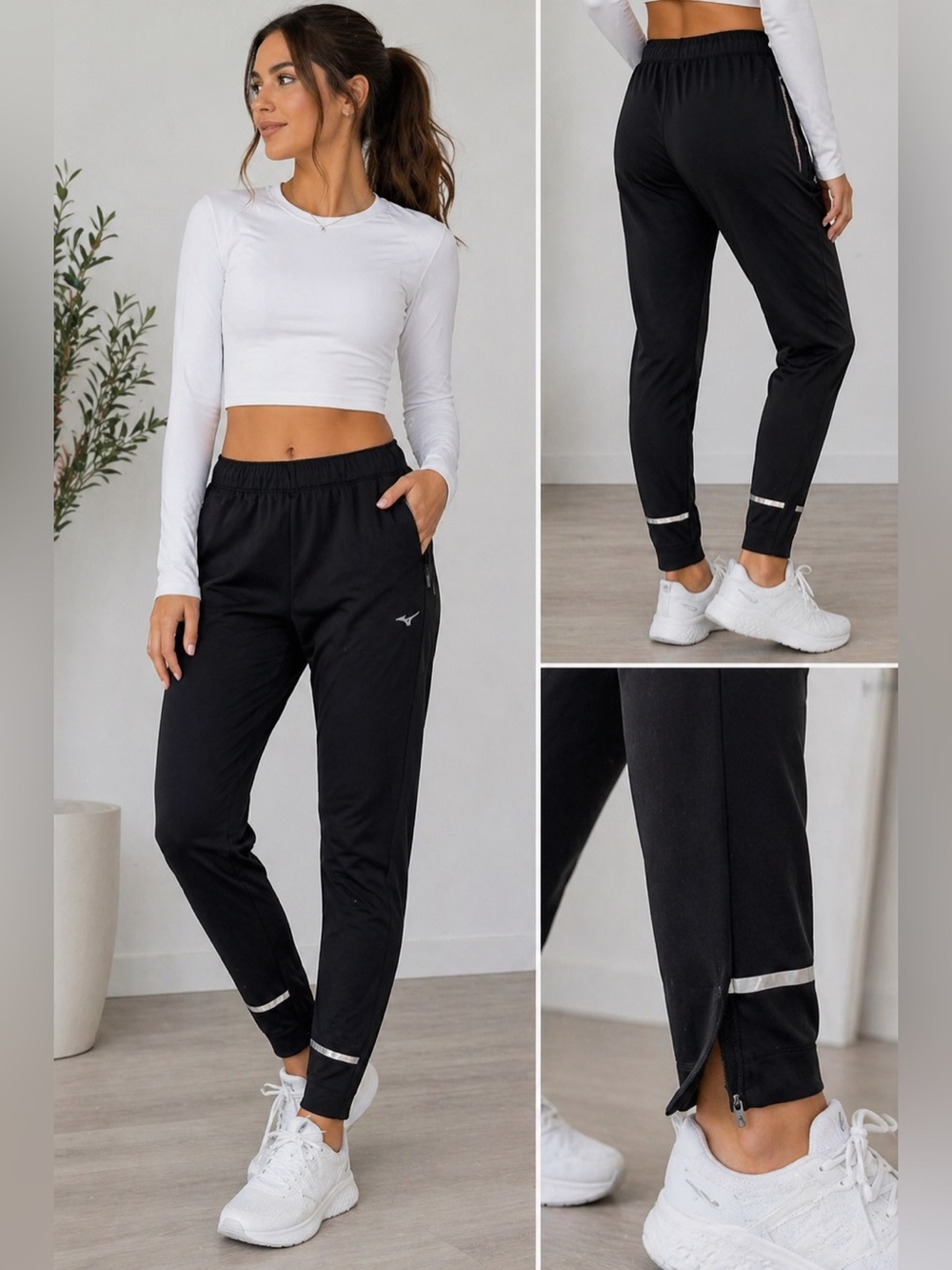 Mizuno Black Athletic Joggers Reflective Zip Ankle Pants Women’s XL